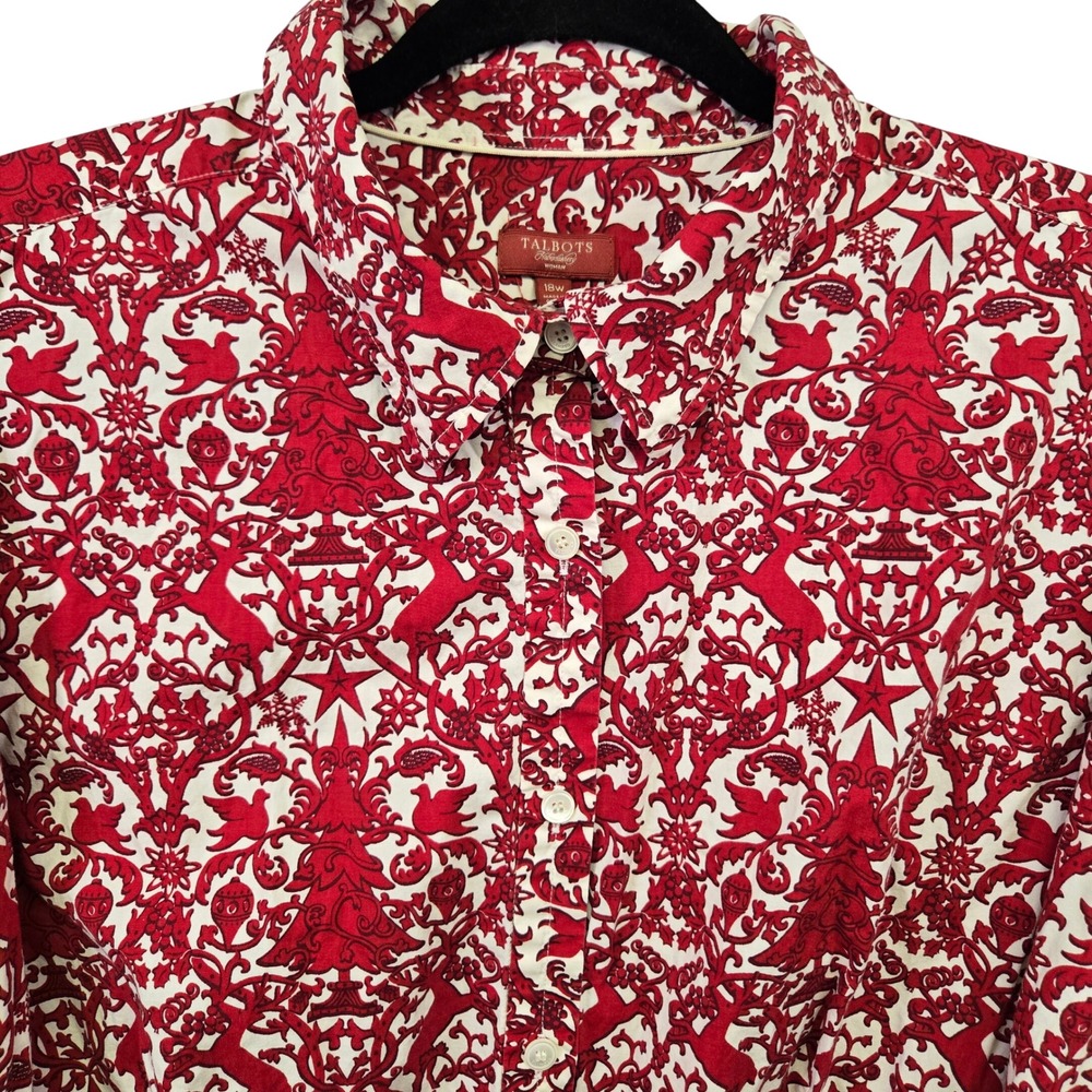 Talbots Womens 18W Christmas Reindeer Shirt Red White Cotton Button Down Holiday
